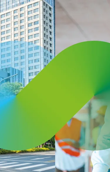 ecocycle Kampagnenplakat mit Haeusern und Mann mit Bauhelm..jpg