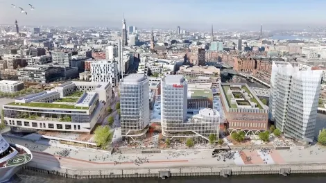 Blick auf die Hafencity Hamburg von oben.