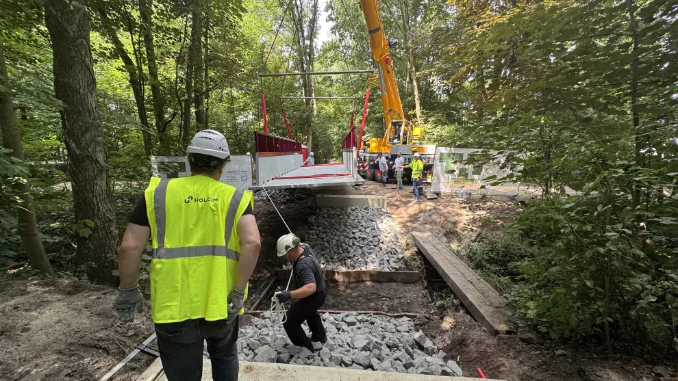 Baustelle mit Bauarbeitern in einem Wald