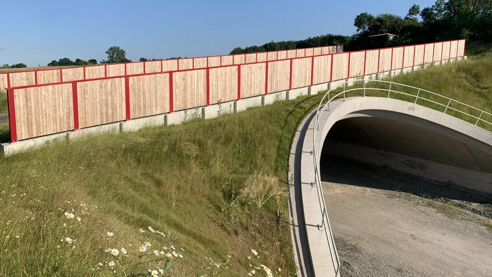 Mit Gras bewachsene Brücke, die über einen kleinen Weg führt.