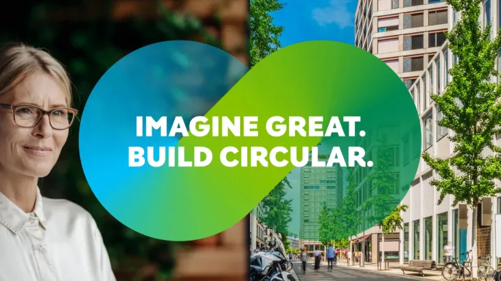 Anzeige der Kampagne. Auf der linken Seite des Bildes ist eine Frau, auf der rechten Seite ein Gebäude – in der Mitte steht der Schriftzug „Imagine Grat. Build Circular“.