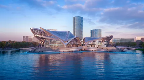 Architektonisches Gebäude am Ufer eines Gewässers