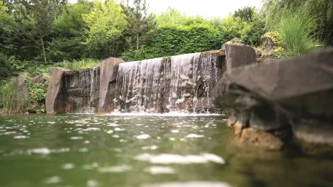 Teich mit einem Wasserfall über Natursteinen.
