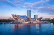 Architektonisches Gebäude am Ufer eines Gewässers